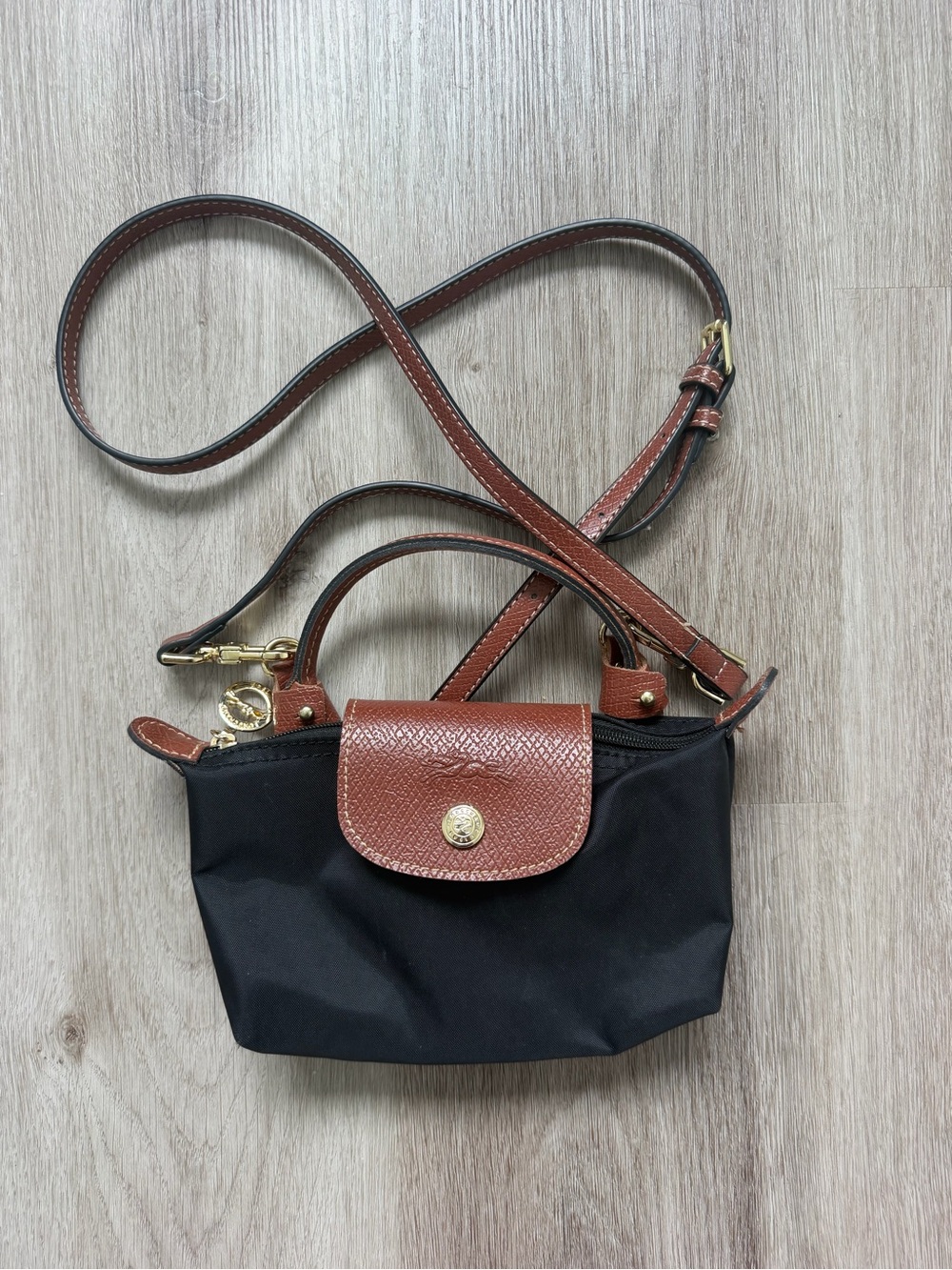 Longchamp Black Nylon Mini Le Pliage Crossbody with Brown Trim